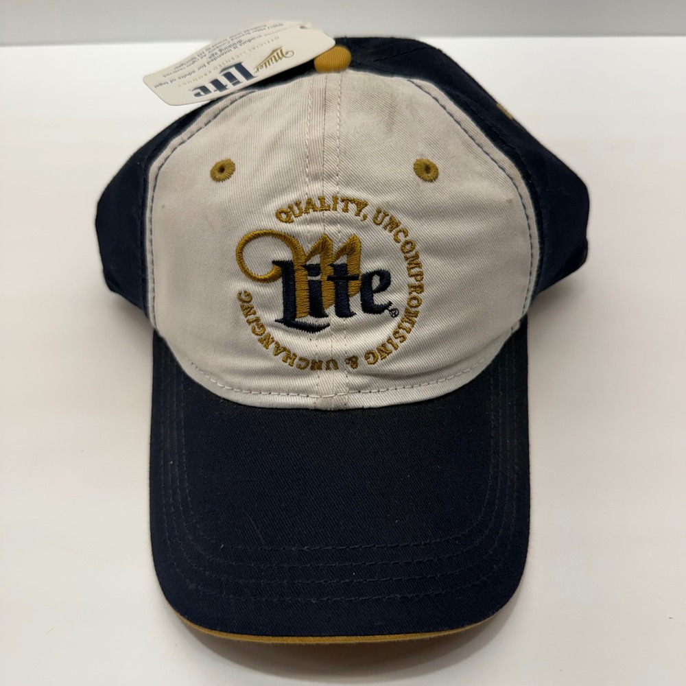 Miller Lite Beer Hat Navy Blue White Gold Embroidered Adjustable Baseball Cap